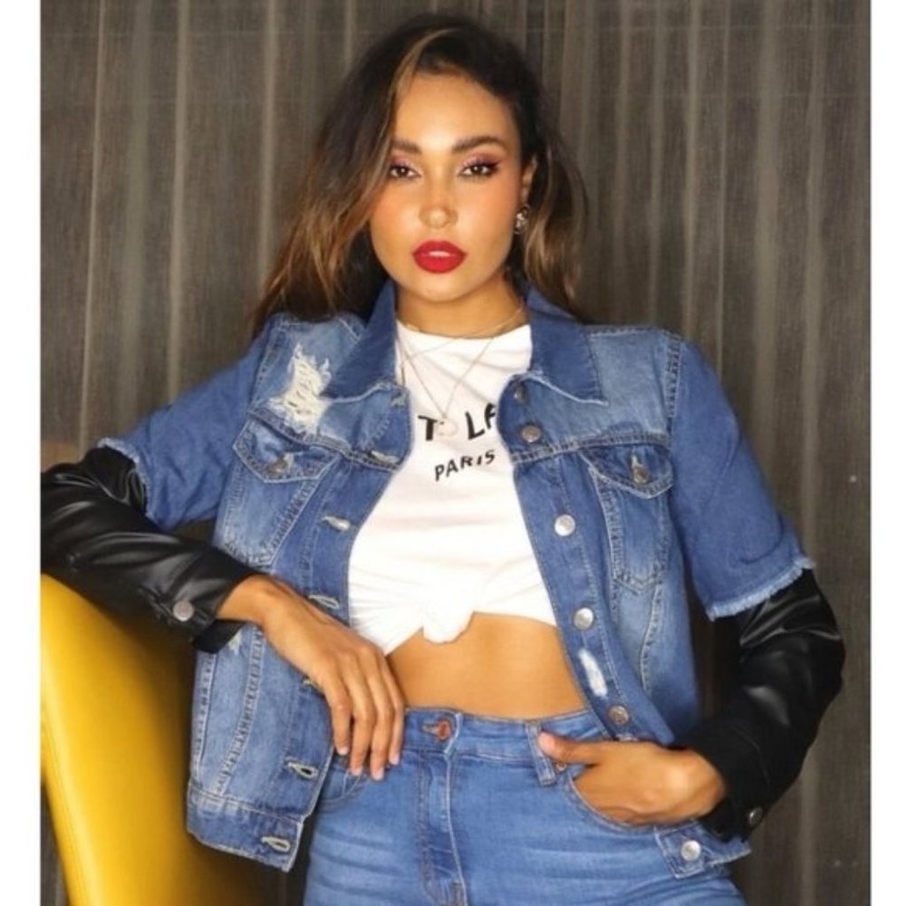 Blue Distressed Denim Jeans Jacket with Long Vegan Leather Faux Leather Sleeves - Picture 6 of 13